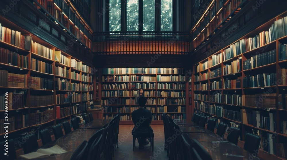 Person sitting surrounded by countless books in a library full of knowledge and wisdom