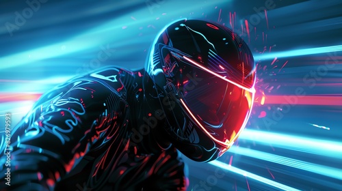 Cybernetic racer with glowing visor close up, focus on, copy space striking tones, Double exposure silhouette with speed trails