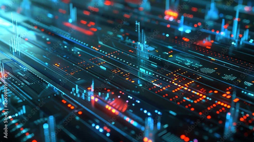 Generate an abstract background image of a futuristic circuit board with glowing blue and red lights