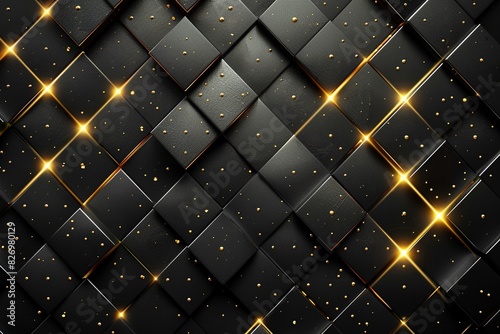 Luxury abstract black metal background with golden light lines Dark 3d geometric texture illustration Bright grid pattern Pure black horizontal banner wallpaper Elegant BG Square diamond tiles