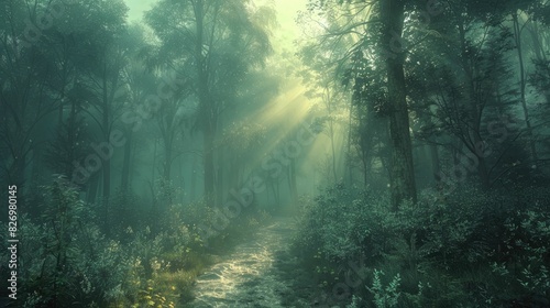 Mystic forest bathed in ethereal sunlight