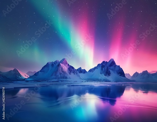 Aurora lights in the sky over snowy mountains and sea with reflection on the water at night