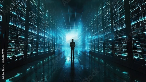 Person standing in a futuristic data center aisle