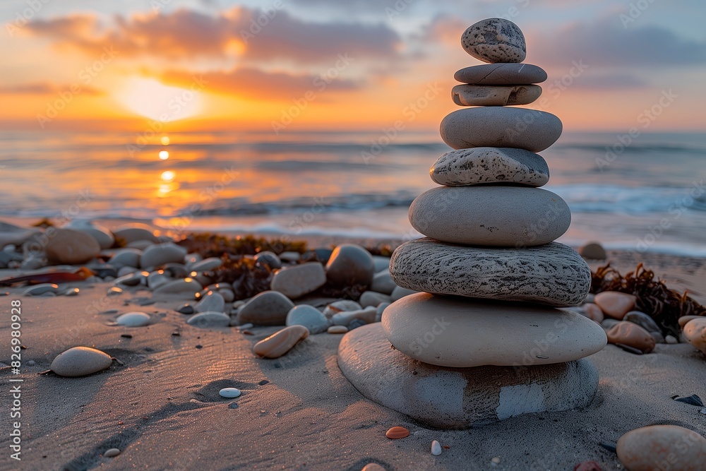 Fototapeta premium Balanced stack of rocks on the beach, representing tranquility, harmony and balance in life.