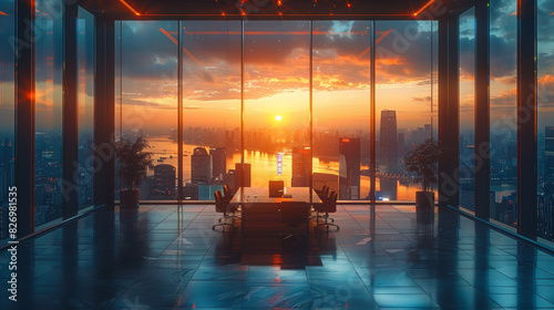 An awe-inspiring sunset view from a modern office with floor-to-ceiling windows  overlooking a bustling cityscape and river.