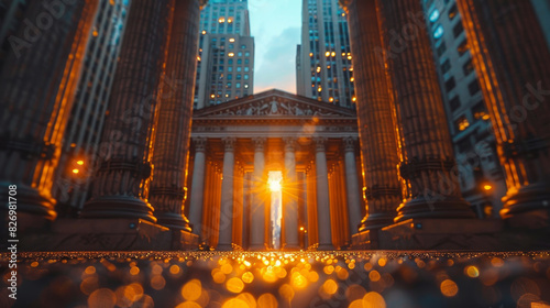 Golden sunlight illuminates the entrance of a grand neoclassical building surrounded by tall city skyscrapers.