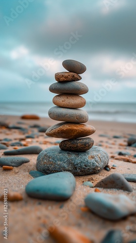 Balanced stack of rocks on the beach  representing tranquility  harmony and balance in life.