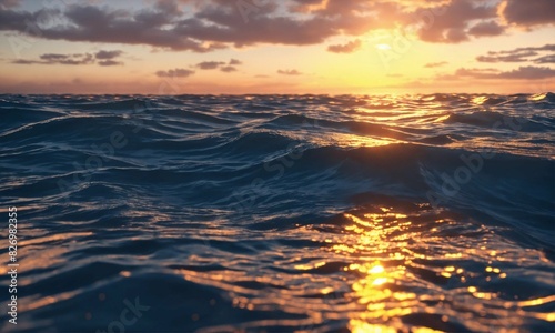 3D ocean scene at sunset hyper realistic and 8k
