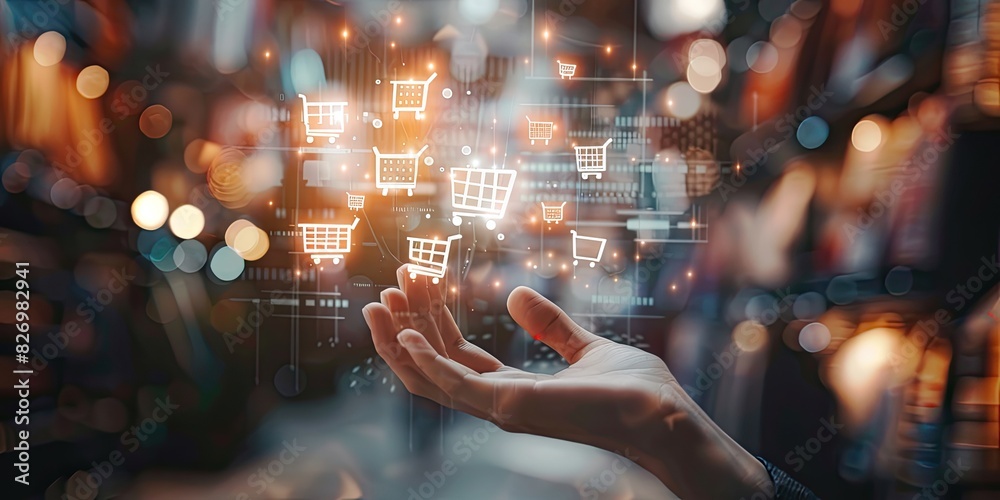 A person's hand is reaching out with multiple floating shopping cart icons above it, symbolizing online retail sales and ecommerce technology concepts A person's hand is reaching out with multiple floating shopping cart icons above it, symbolizing online retail sales and ecommerce technology concepts
