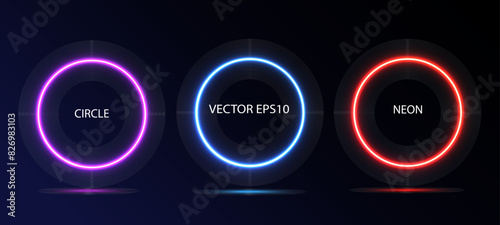 Set of illuminate frame design. Abstract cosmic vibrant color circle backdrop. Collection of glowing neon lighting 