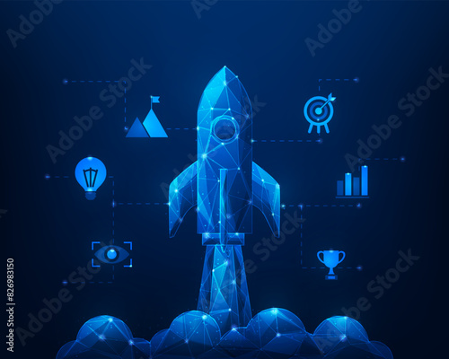 business startup rocket launch technology digital with icon finance on blue background. goal and achievement. vector illustration low poly wireframe.