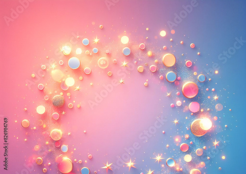 Rainbow unicorn pastel background with glitter stars. Pink fantasy sky. Holographic space with bokeh. Fairy iridescent gradient backdrop. Vector	