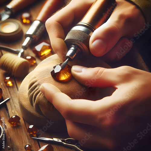 Jeweler crafting gemstone. Artistic precision in lapidary work.