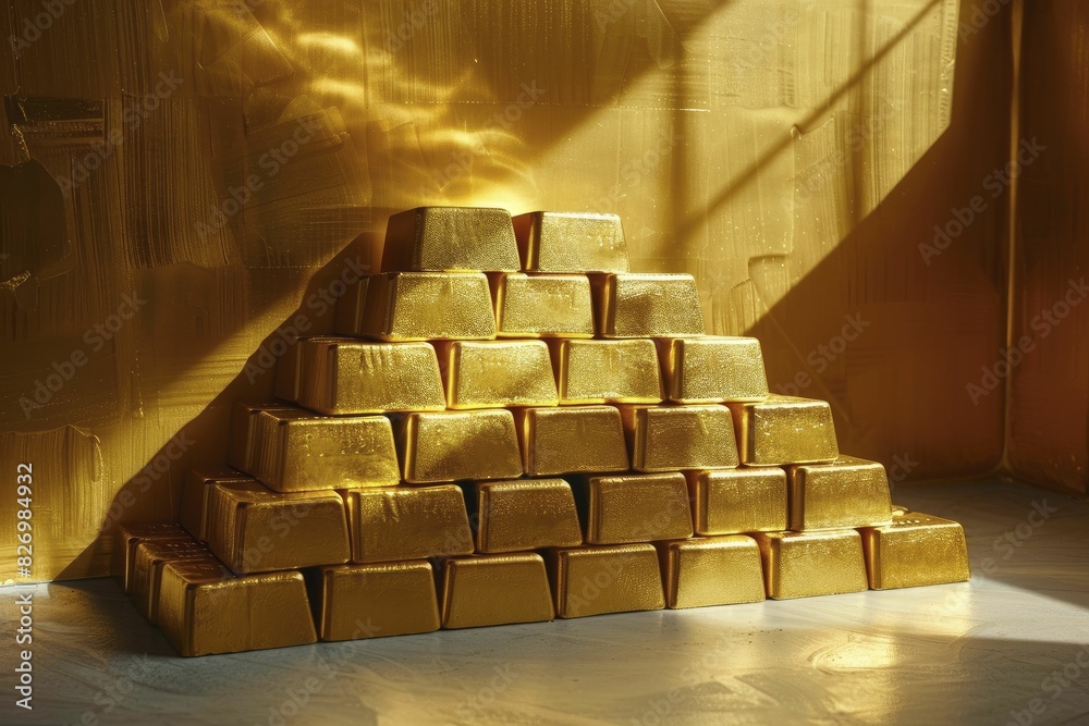 gold reserves, stacked arrangement with shadows, wealth symbolism gold reserves, stacked arrangement with shadows, wealth symbolism