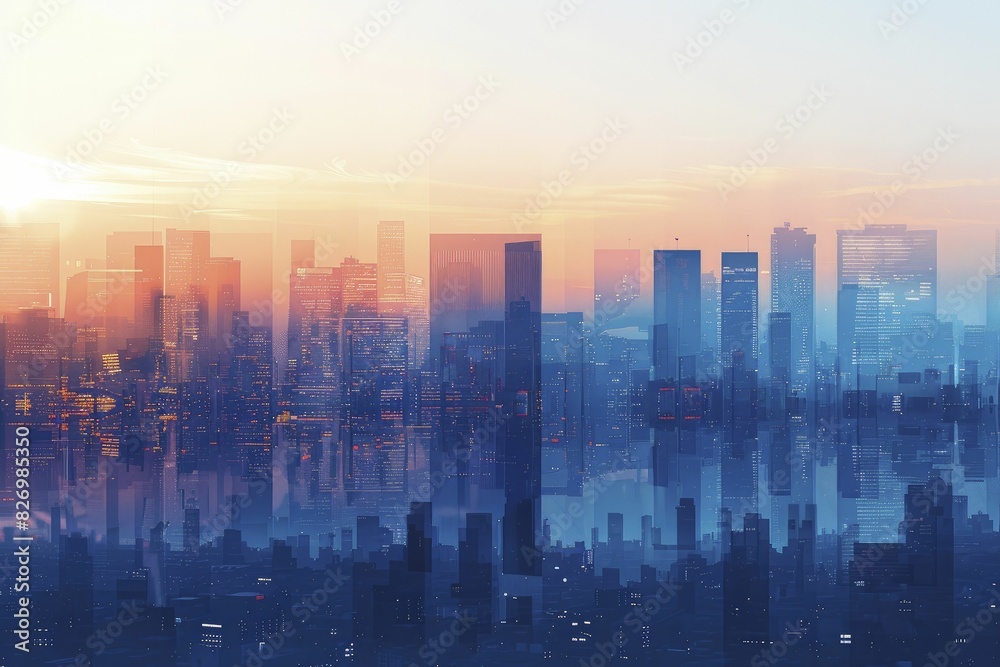 modern cityscape, panoramic view with modern architecture, clean lines, minimalist style