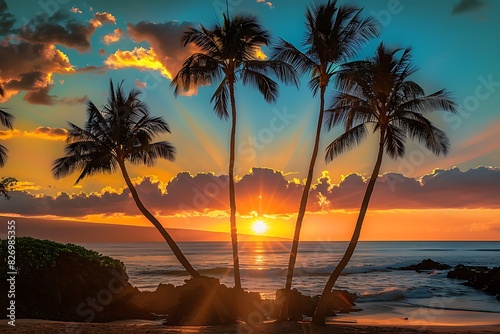 Palm trees silhouette against a dramatic sunset Tropical serenity Peaceful evening landscape 