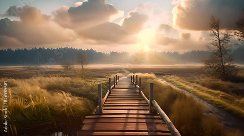 bright sunshine on the left moving to darkness on the right, a single log bridge leading from one side to the other, a bright field in the sunlight and a desolate land in the shadow photo