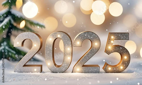 Golden numbers 2025 in the snow against the backdrop of a Christmas tree, falling snow and bokeh lights. Happy New Year 2025. Holiday card.