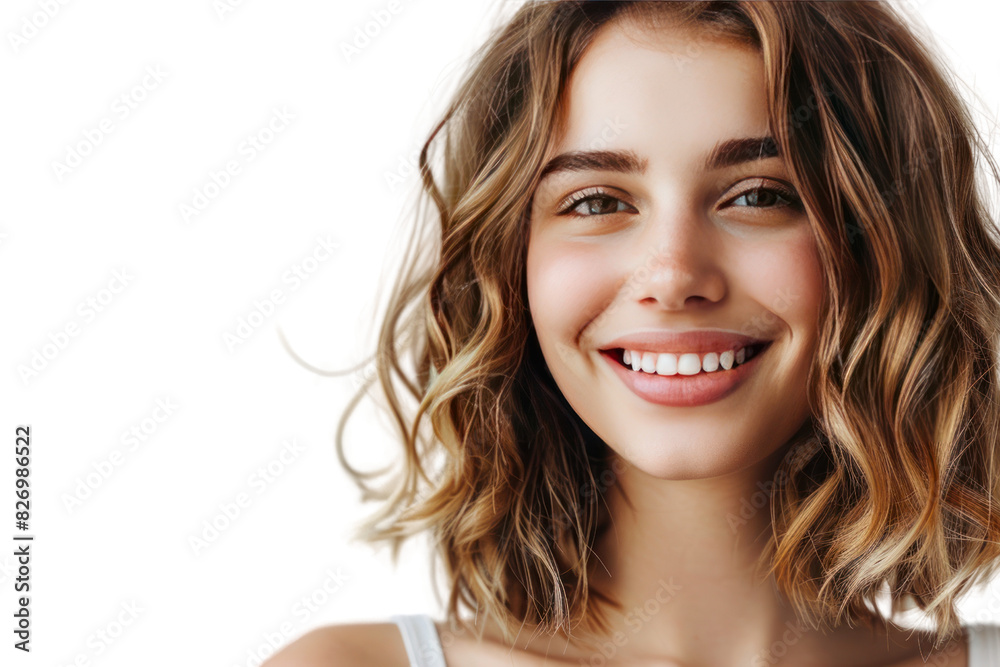 Woman with beautiful wavy hair on a gray background Beautiful girl has a pleasant smile Short wavy hairstyle Woman with beautiful wavy hair on a gray background Beautiful girl has a pleasant smile Short wavy hairstyle