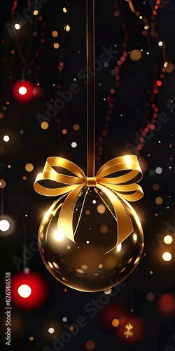 Christmas background. A shining Christmas ball with a golden bow hangs on a ribbon on a dark background with bokeh lights. Vertical video.