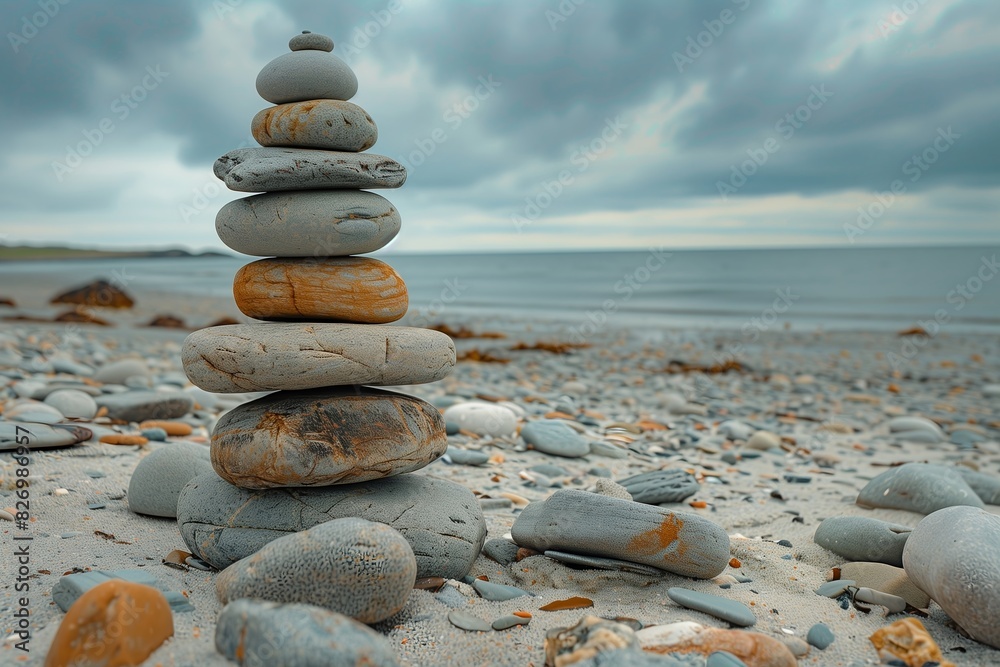 Fototapeta premium Balanced stack of rocks on the beach, representing tranquility, harmony and balance in life.
