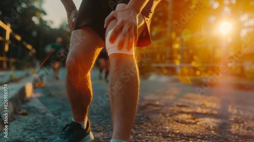 Runners taking care of their knee joints after finishing their run. Runners sit with a focus on massaging their knees to relieve pain or discomfort.