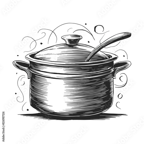 Cooking pot ink sketch drawing, black and white, engraving style vector illustration