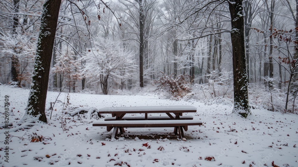 Winter Wonderland Snow Covered Wooden Picnic Table in a Forest Landscape