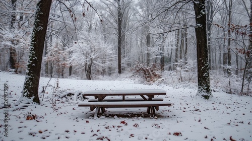 Winter Wonderland Snow Covered Wooden Picnic Table in a Forest Landscape