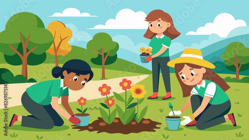 A local scout troop plants new flowers and plants along the walking path adding to the parks natural beauty.. Vector illustration