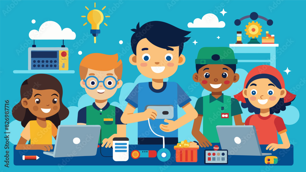 A funfilled workshop where young minds tinker and construct their own tech gadgets.. Vector illustration A funfilled workshop where young minds tinker and construct their own tech gadgets.. Vector illustration