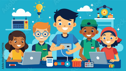 A funfilled workshop where young minds tinker and construct their own tech gadgets.. Vector illustration