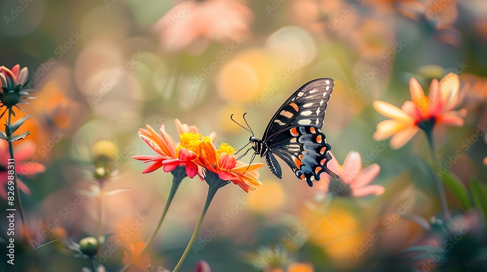 Snap a shot of a butterfly landing on a vibrant flower, its wings gently beating as it feeds on nectar Snap a shot of a butterfly landing on a vibrant flower, its wings gently beating as it feeds on nectar