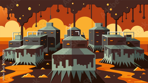 Covered in a thick layer of grime and grit the massive processing units tirelessly churn out a constant stream of refined products.. Vector illustration