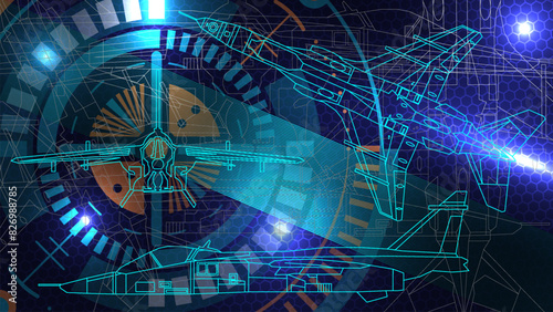 The sketch drafting of jet fighter. Line art background wallpaper. Futuristic technology styles.