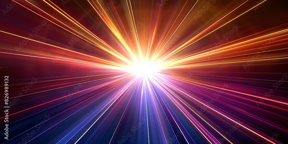 Obraz premium Colorful light streaks radiating from a central bright light source. 