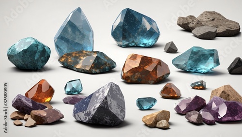 various rocks and gemstones of different sizes on a white background. photo