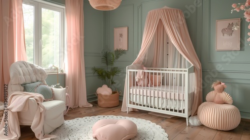 nursery with walls painted in soft fluffy hues of light green and adorned with pastel pink decorations