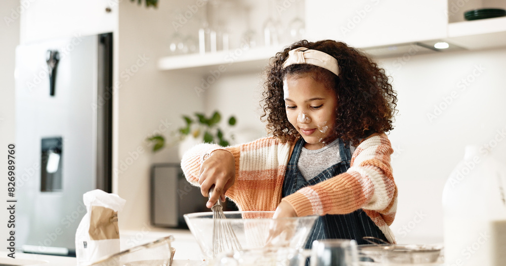 Girl, baking and mixing in home kitchen or batter, house and motor skills or childhood development for culinary education. Cooking, cookie dough and happy dessert, bowl and ingredients with utensils Girl, baking and mixing in home kitchen or batter, house and motor skills or childhood development for culinary education. Cooking, cookie dough and happy dessert, bowl and ingredients with utensils