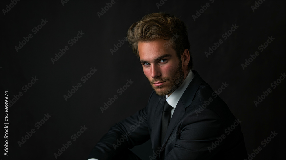 Handsome man in a suit, dark background, business portrait studio shot, sitting down, medium length brown hair and light beard stubble, confident expression, black tie Handsome man in a suit, dark background, business portrait studio shot, sitting down, medium length brown hair and light beard stubble, confident expression, black tie