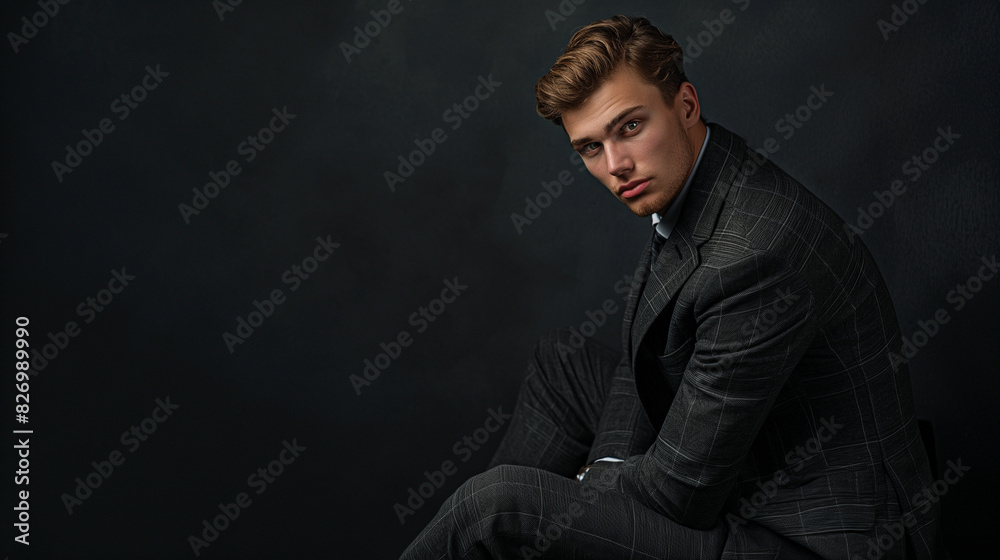 Photo of an attractive young man sitting on the floor in a suit, black background