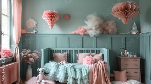 nursery with walls painted in soft fluffy hues of light green and adorned with pastel pink decorations