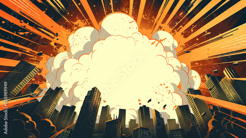 City in comic book style with explosion in the city with white speech bubble in center of frame