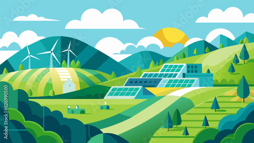 The surrounding area is a mosaic of lush greenery and rolling hills a testament to the positive impact of renewable energy.. Vector illustration
