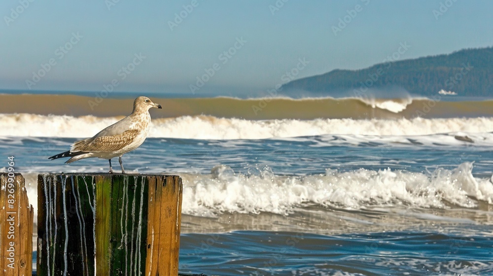 Fototapeta premium Seagull perched atop wooden post by water's edge, with mountain backdrop