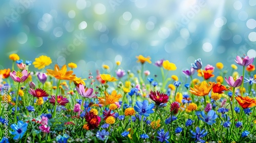 Beautiful meadow with colorful vibrant spring wild flowers. Sunlight and bokeh in the background.