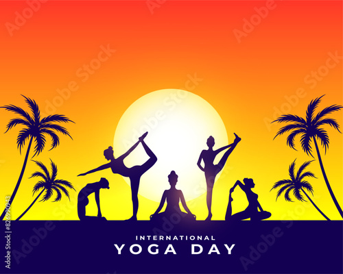 2024 yoga day morning poster, group of woman doing yoga body posture