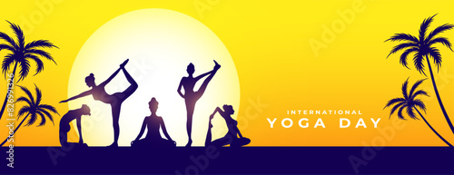 world yoga day morning poster group of woman in different asana