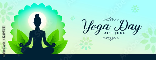 21st june yoga day celebration banner with green leaves