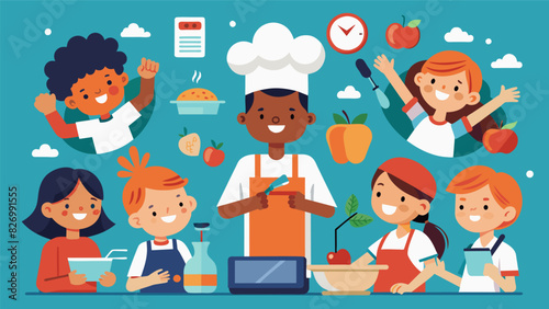 Cooking lessons transformed into a virtual adventure as children explore different cuisines and cooking techniques.. Vector illustration